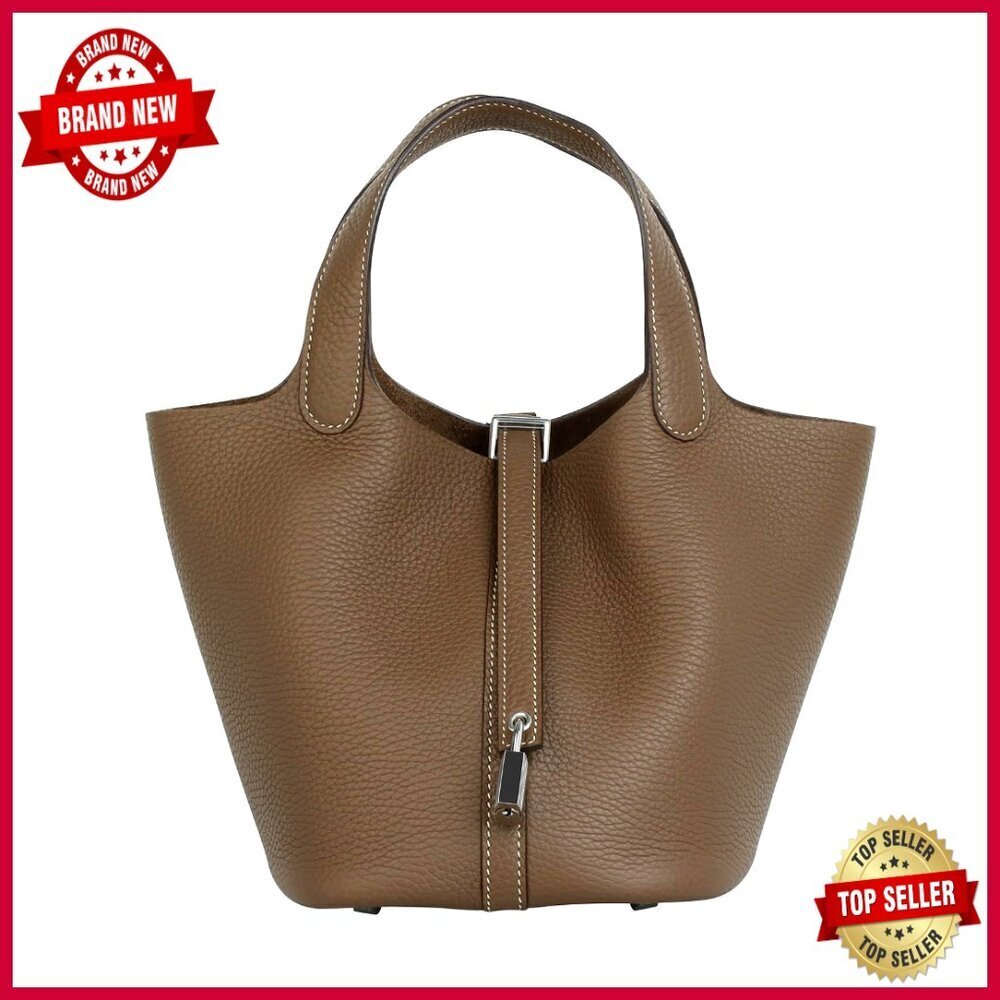 Genuine Leather Bucket Tote Handbag with Metal Clasp, Everyday Travel Bag